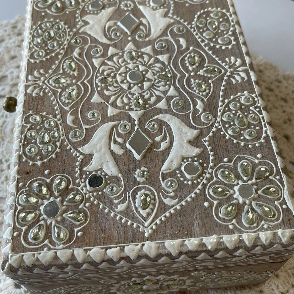 Handcrafted Indian Mango Wood Keepsake Box Ornate Painted Storage Chest Boho